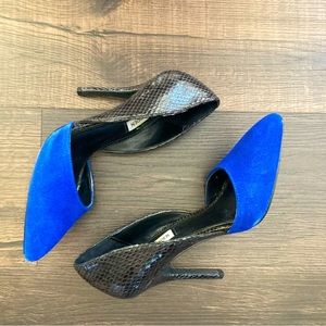 Steve Madden black and blue suede and snakeskin heels